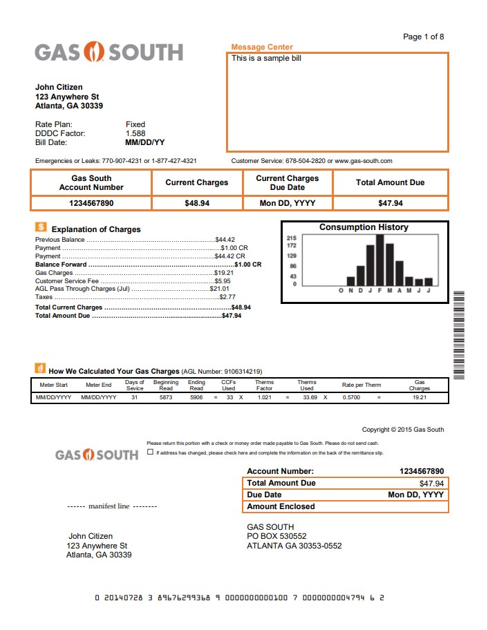 USA New York Gas South utility bill template in Word and PDF format